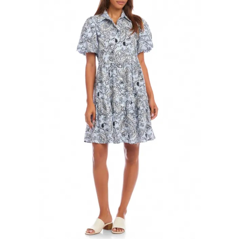 Karen Kane Tiered Puff Sleeve Shirt Dress Light Blue Paisley Small